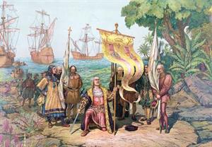 Колумб объявляет открытую землю собственностью испанского короля. Иллюстрация 1893 года..jpg